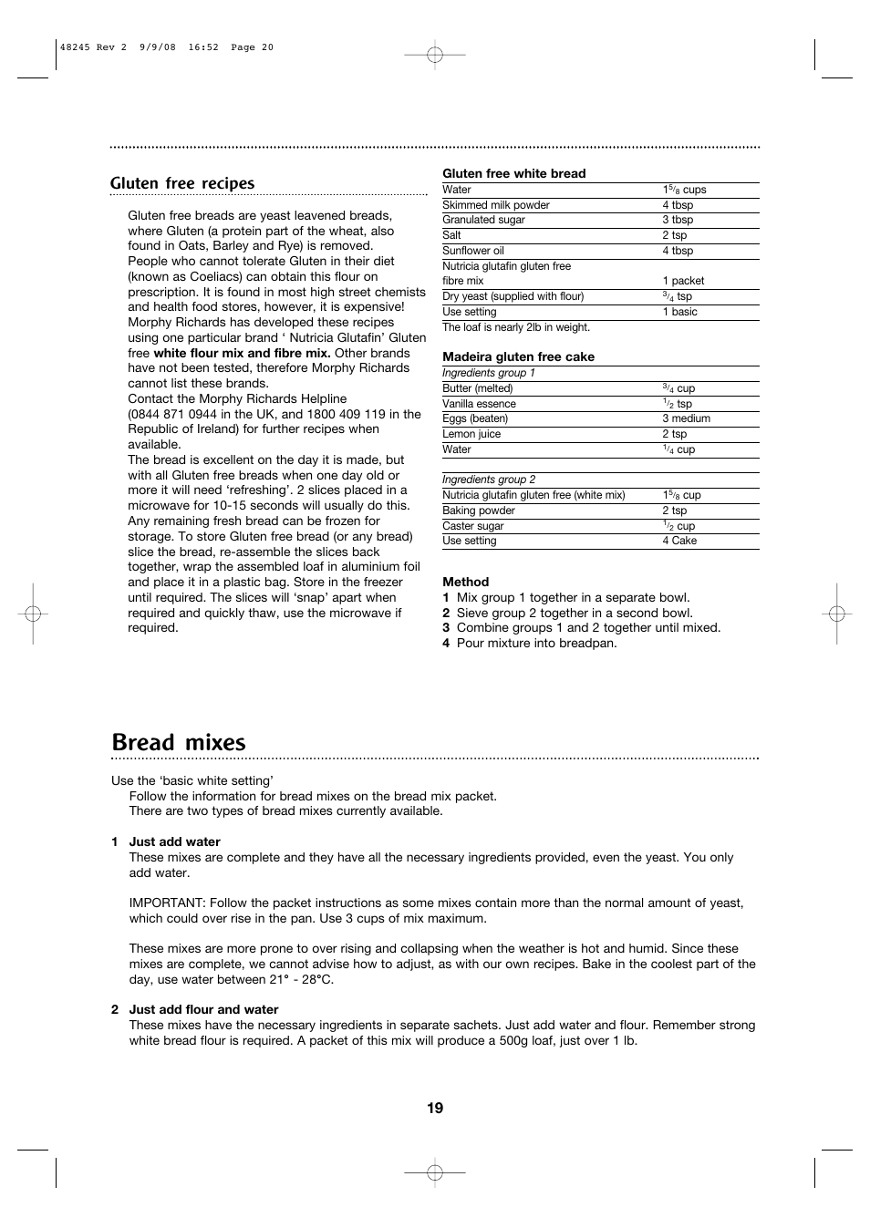 Bread mixes, Gluten free recipes | Morphy Richards 48245 User Manual | Page 19 / 26