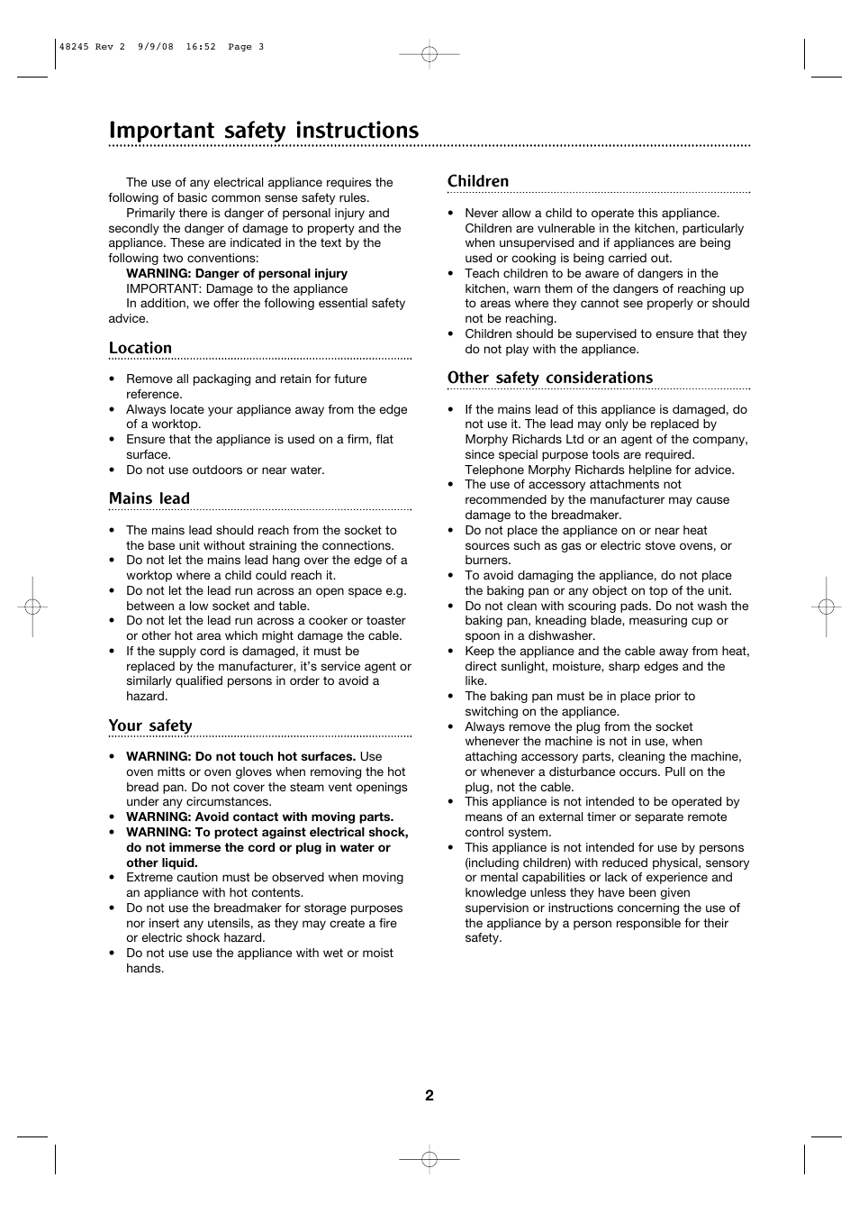 Important safety instructions, Location, Mains lead | Your safety, Children, Other safety considerations | Morphy Richards 48245 User Manual | Page 2 / 26