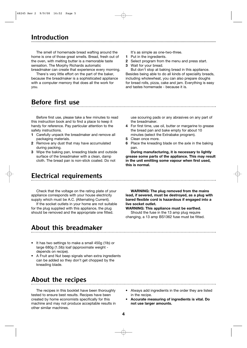 Electrical requirements, About this breadmaker about the recipes, Before first use introduction | Morphy Richards 48245 User Manual | Page 4 / 26