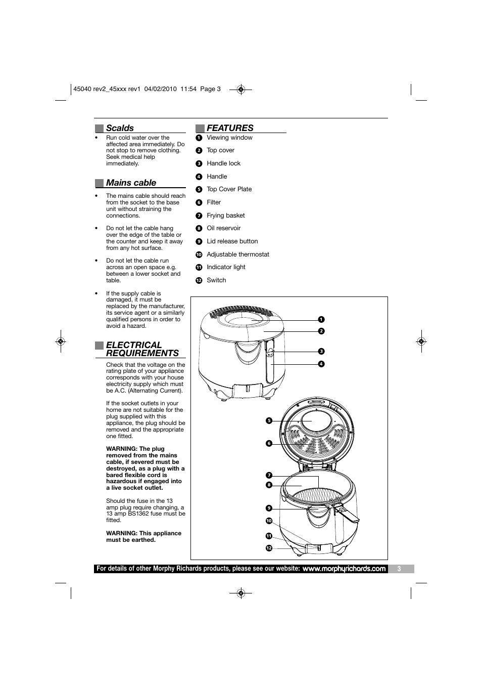 Scalds, Mains cable, Electrical requirements | Features | Morphy Richards DF45040 User Manual | Page 3 / 8