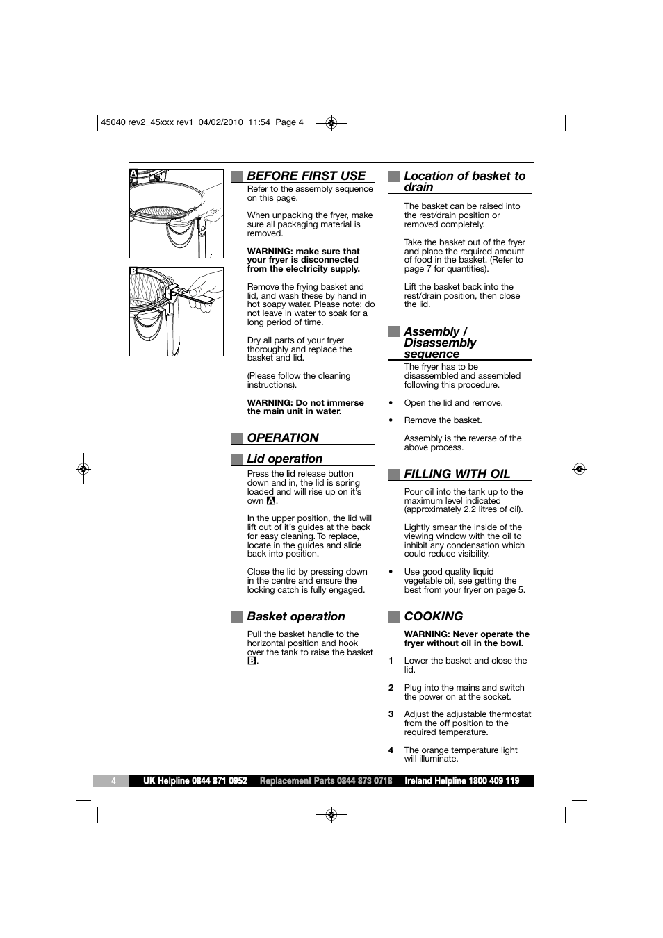 Before first use, Operation lid operation, Basket operation | Location of basket to drain, Assembly / disassembly sequence, Filling with oil, Cooking | Morphy Richards DF45040 User Manual | Page 4 / 8
