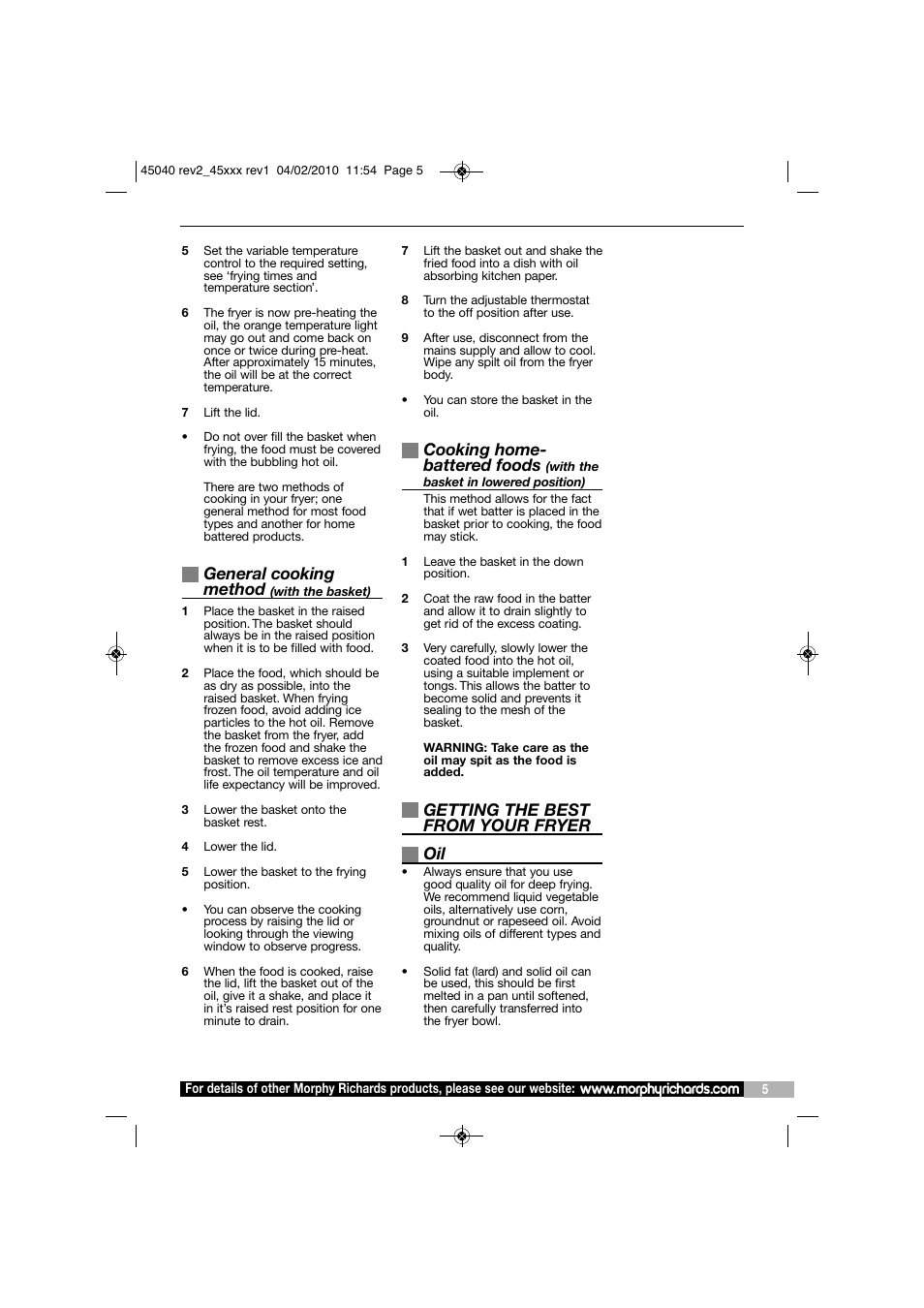 General cooking method, Cooking home- battered foods, Getting the best from your fryer oil | Morphy Richards DF45040 User Manual | Page 5 / 8
