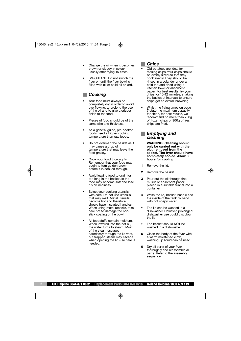 Cooking, Chips, Emptying and cleaning | Morphy Richards DF45040 User Manual | Page 6 / 8