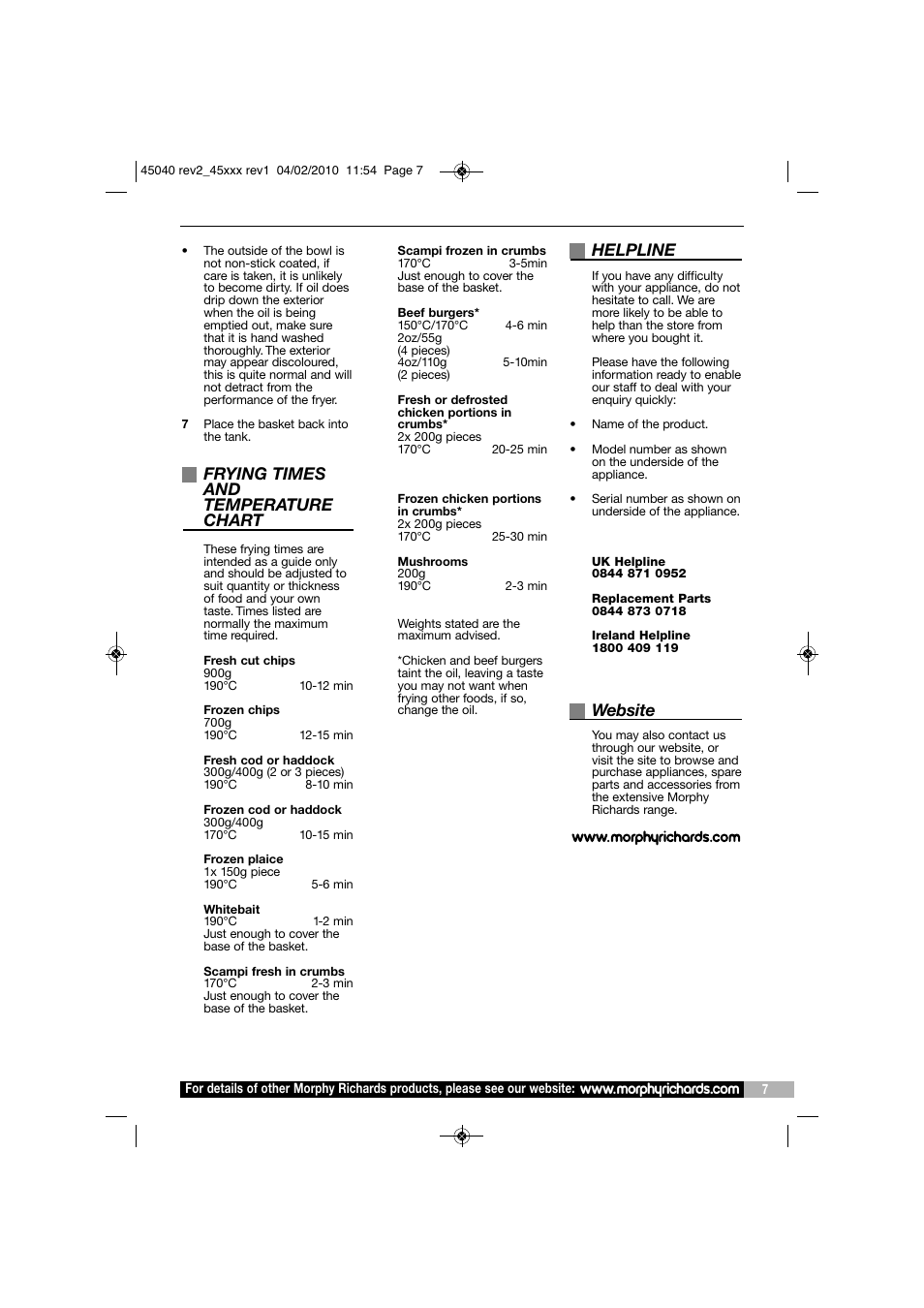 Frying times and temperature chart, Helpline, Website | Morphy Richards DF45040 User Manual | Page 7 / 8