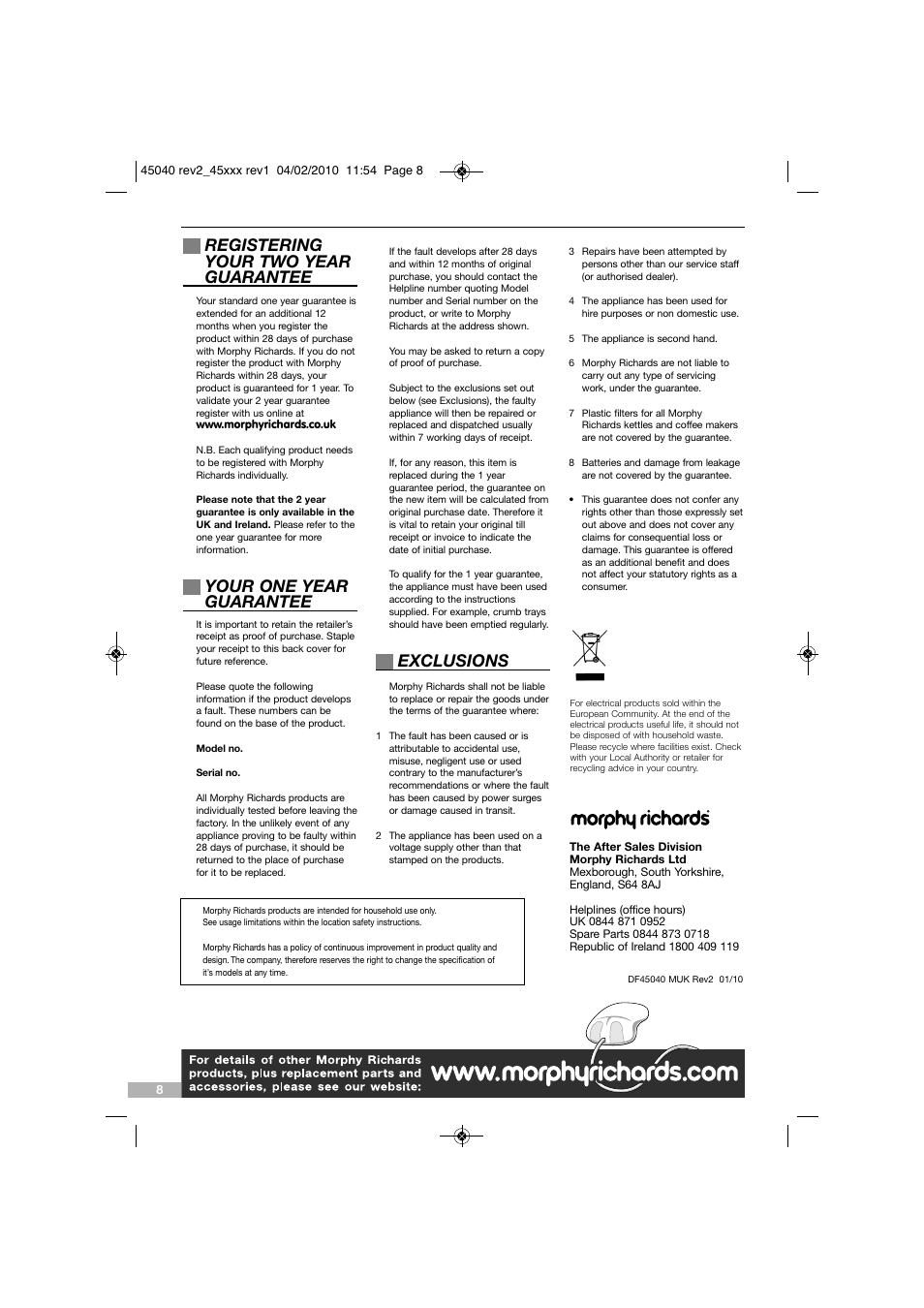 Registering your two year guarantee, Your one year guarantee, Exclusions | Morphy Richards DF45040 User Manual | Page 8 / 8