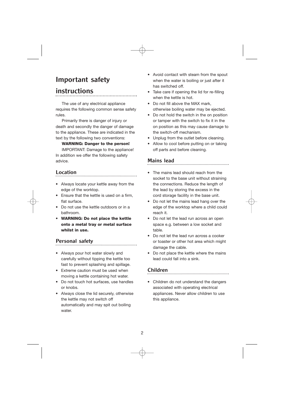 Important safety instructions, Location, Personal safety | Mains lead, Children | Morphy Richards Jug Kettle User Manual | Page 2 / 6