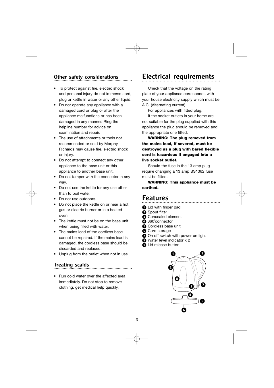Electrical requirements, Features, Other safety considerations | Treating scalds | Morphy Richards Jug Kettle User Manual | Page 3 / 6