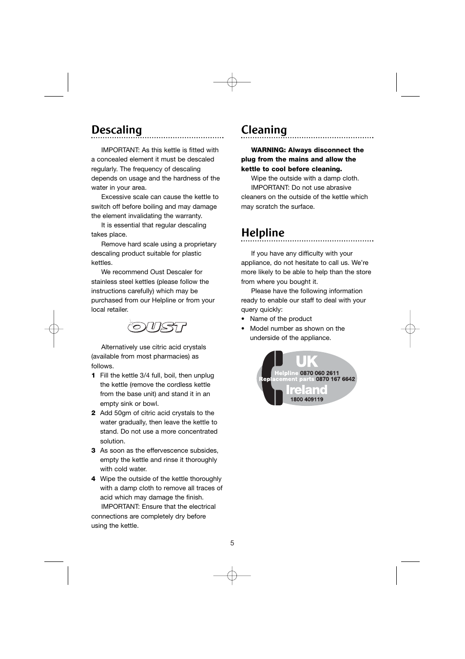 Descaling, Cleaning, Helpline | Morphy Richards Jug Kettle User Manual | Page 5 / 6