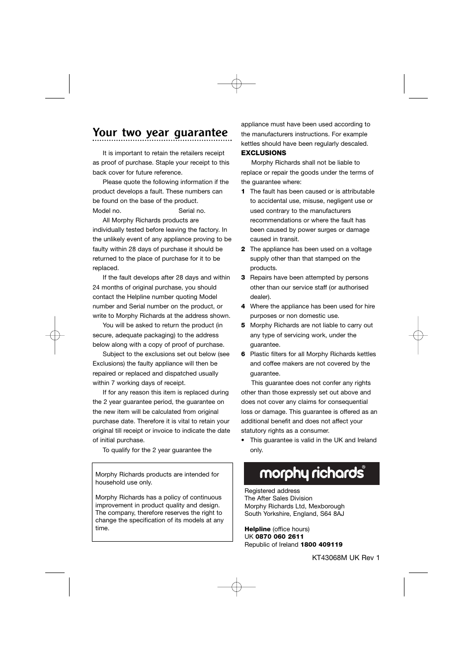 Your two year guarantee | Morphy Richards Jug Kettle User Manual | Page 6 / 6