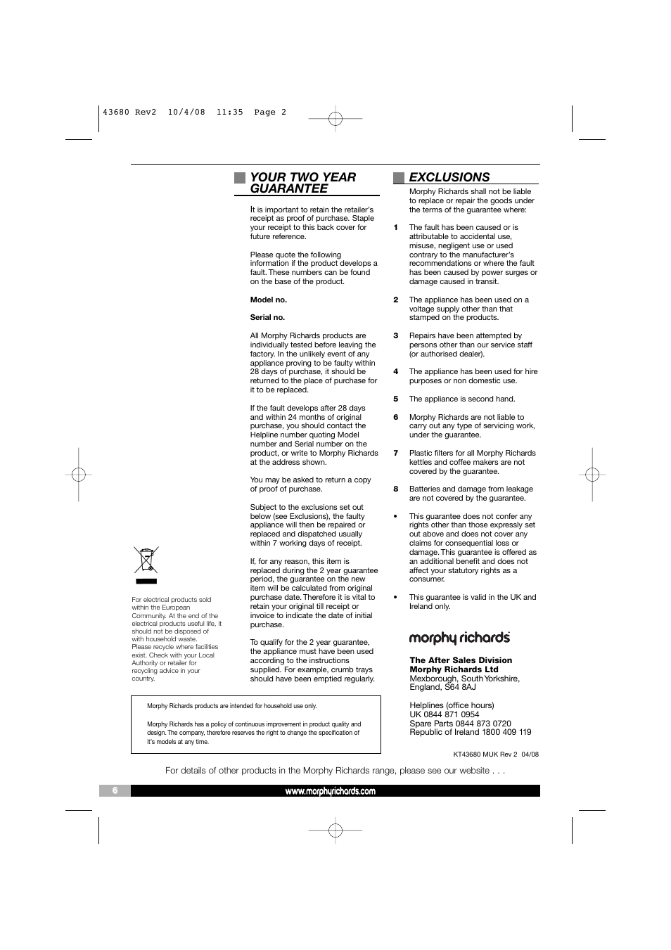 Your two year guarantee, Exclusions | Morphy Richards 43680 User Manual | Page 2 / 6