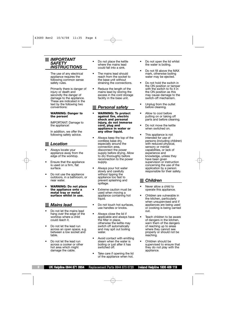 Important safety instructions, Location, Mains lead | Personal safety, Children | Morphy Richards 43680 User Manual | Page 4 / 6