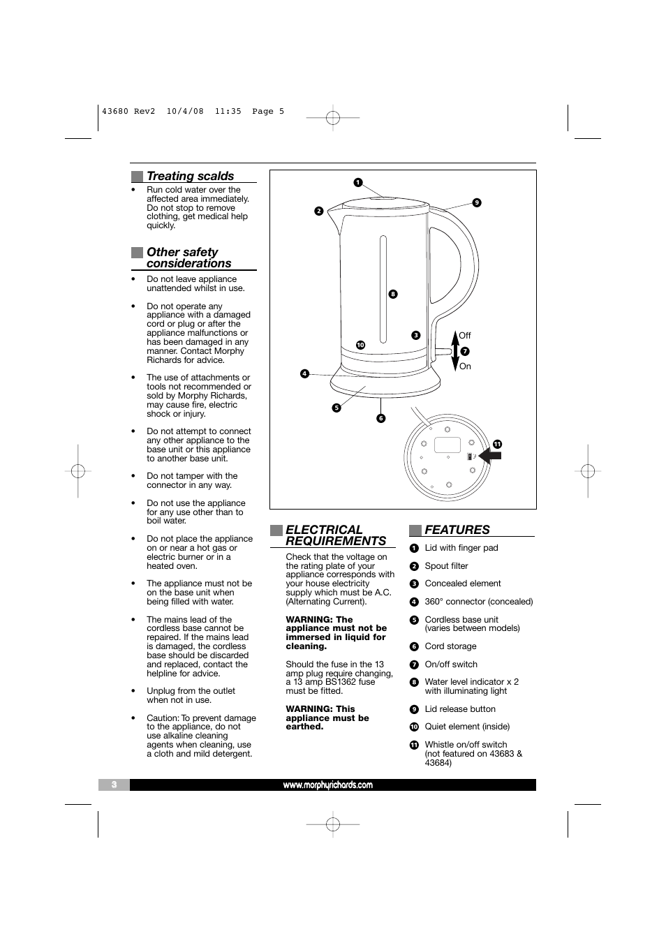Treating scalds, Other safety considerations, Electrical requirements | Features | Morphy Richards 43680 User Manual | Page 5 / 6