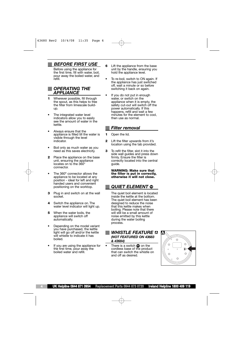 Before first use, Operating the appliance, Filter removal | Quiet element, Whistle feature | Morphy Richards 43680 User Manual | Page 6 / 6