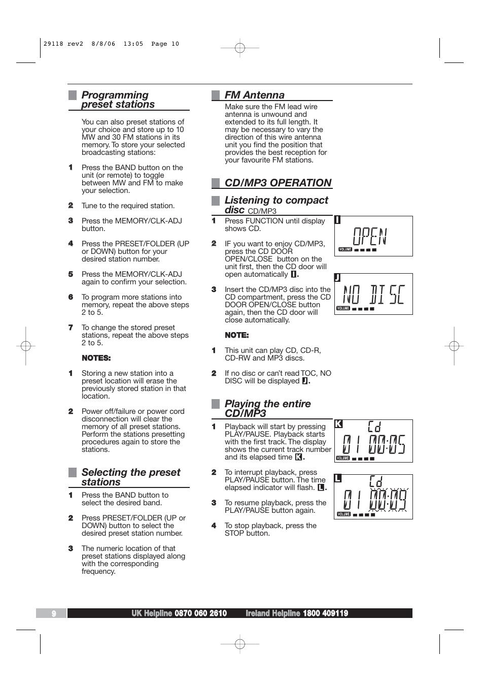 Programming preset stations, Selecting the preset stations, Fm antenna | Cd/mp3 operation listening to compact disc, Playing the entire cd/mp3 | Morphy Richards 29118 REV2 User Manual | Page 10 / 16