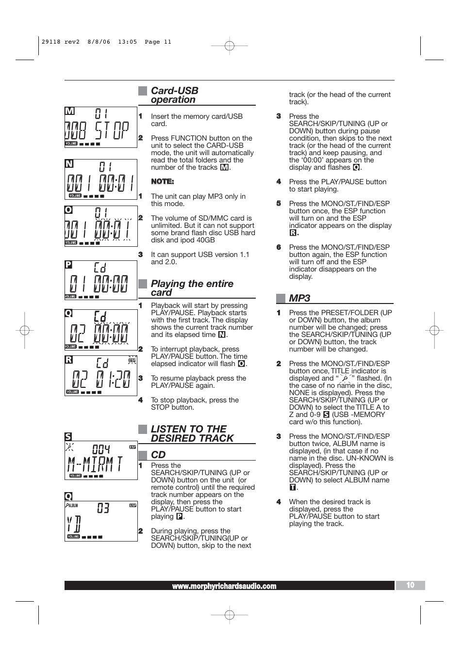 Card-usb operation, Playing the entire card, Listen to the desired track cd | Morphy Richards 29118 REV2 User Manual | Page 11 / 16