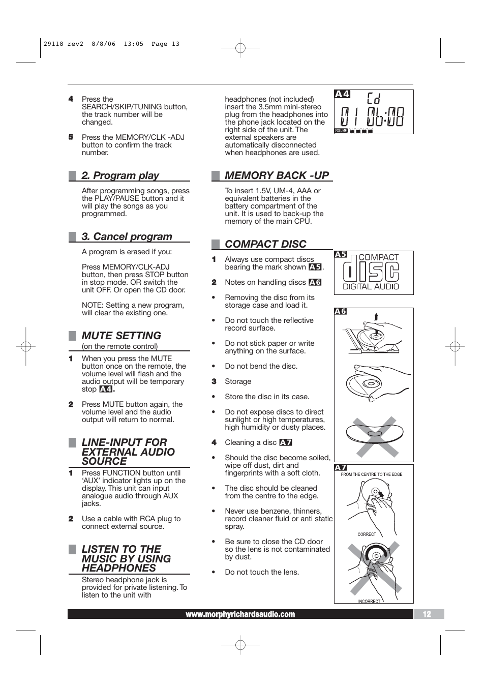 Program play, Cancel program, Mute setting | Line-input for external audio source, Listen to the music by using headphones, Compact disc | Morphy Richards 29118 REV2 User Manual | Page 13 / 16