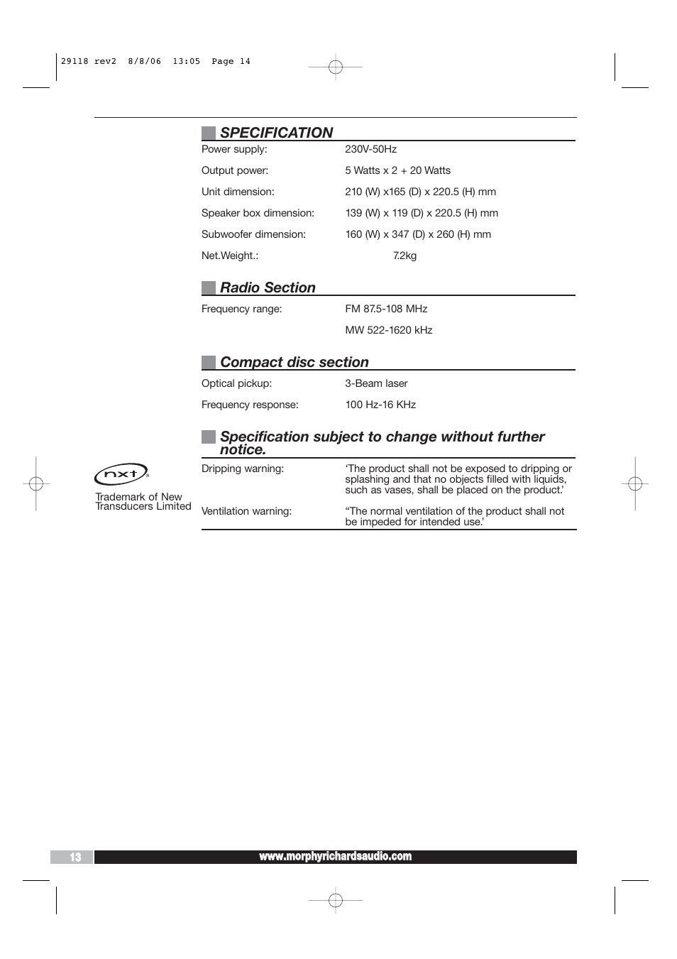 Specification | Morphy Richards 29118 REV2 User Manual | Page 14 / 16