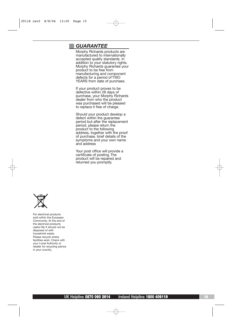 Guarantee | Morphy Richards 29118 REV2 User Manual | Page 15 / 16