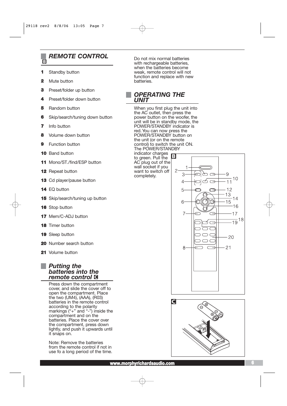 Remote control, Putting the batteries into the remote control, Operating the unit | Morphy Richards 29118 REV2 User Manual | Page 7 / 16