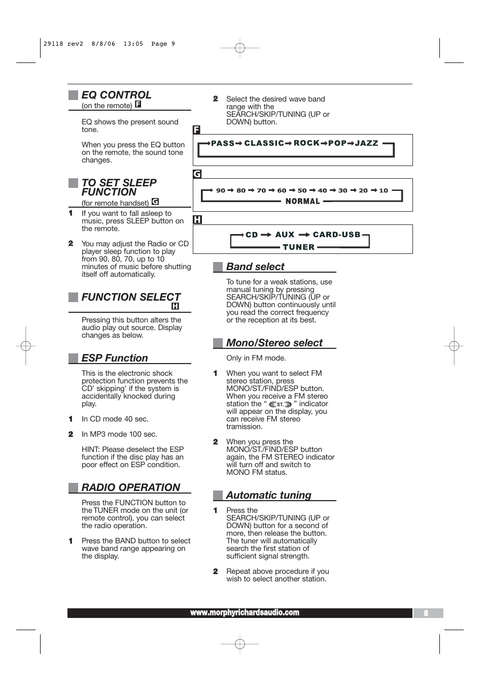 Eq control, Function select, Esp function | Radio operation, Band select, Mono/stereo select, Automatic tuning | Morphy Richards 29118 REV2 User Manual | Page 9 / 16