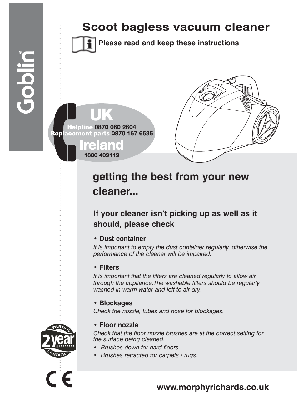 Morphy Richards Scoot bagless vacuum cleaner User Manual | 10 pages