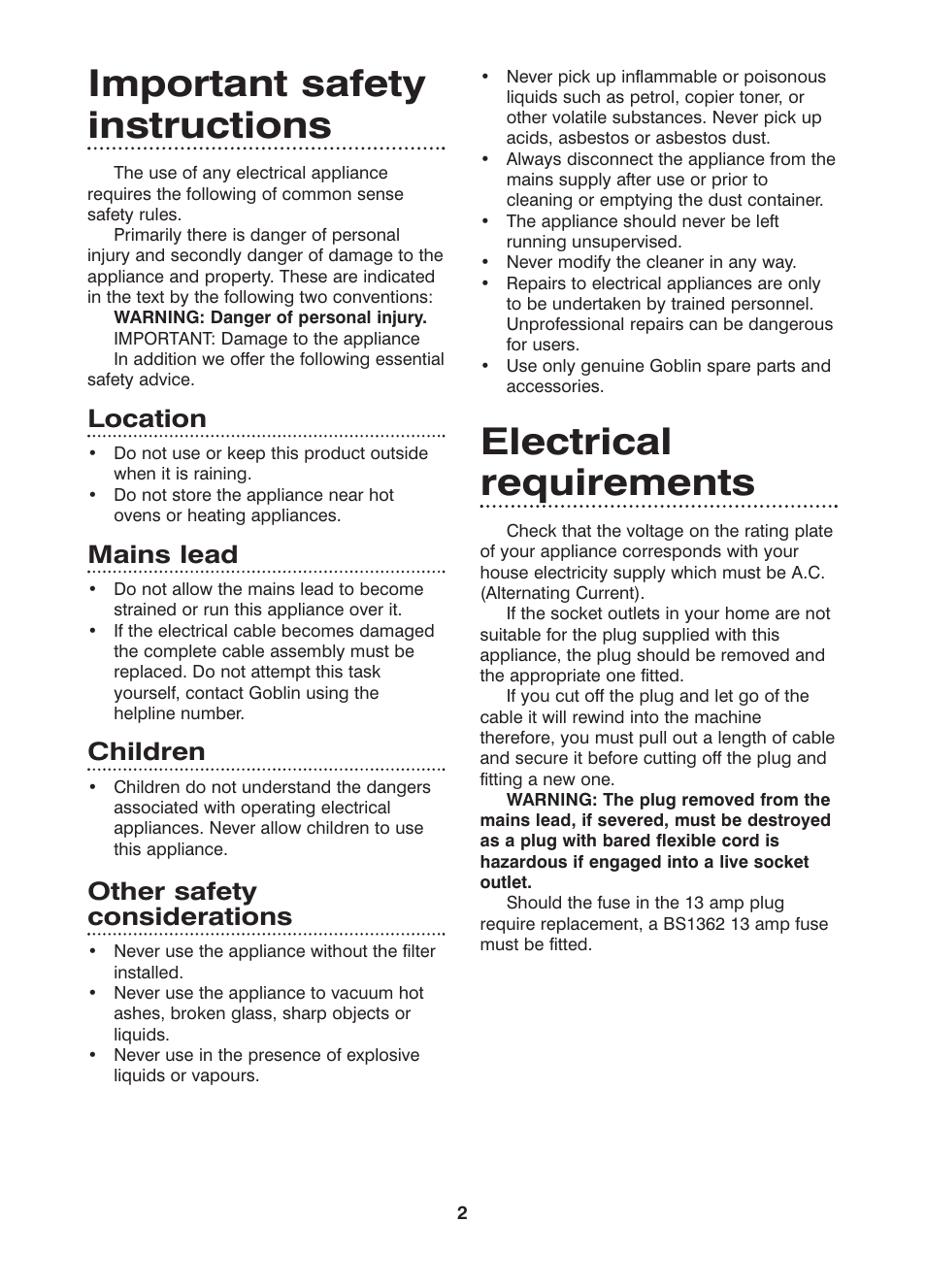 Important safety instructions, Electrical requirements, Location | Mains lead, Children, Other safety considerations | Morphy Richards Scoot bagless vacuum cleaner User Manual | Page 2 / 10