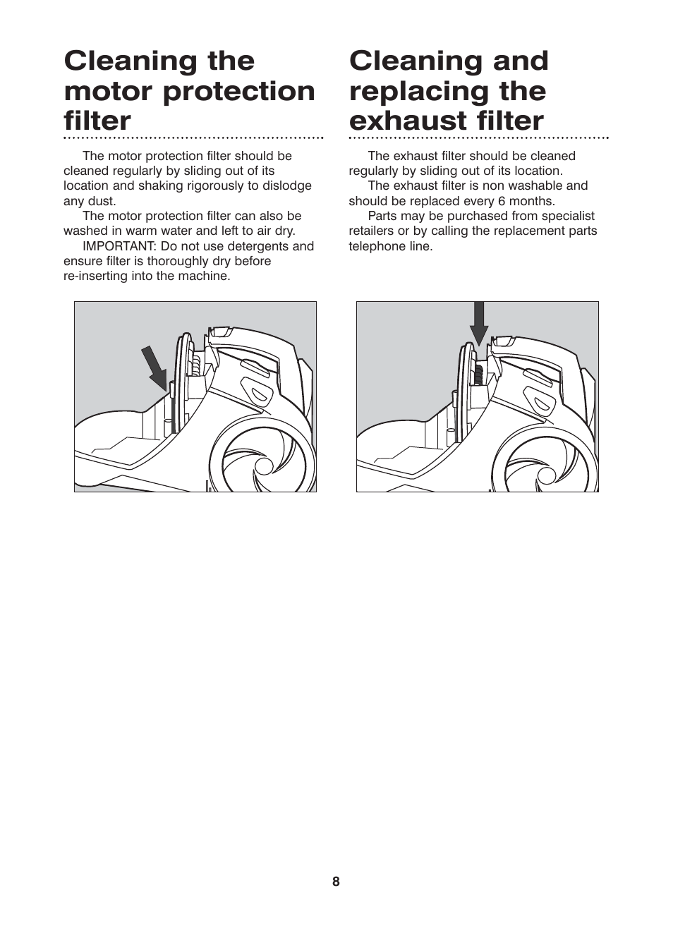Cleaning the motor protection filter, Cleaning and replacing the exhaust filter | Morphy Richards Scoot bagless vacuum cleaner User Manual | Page 8 / 10
