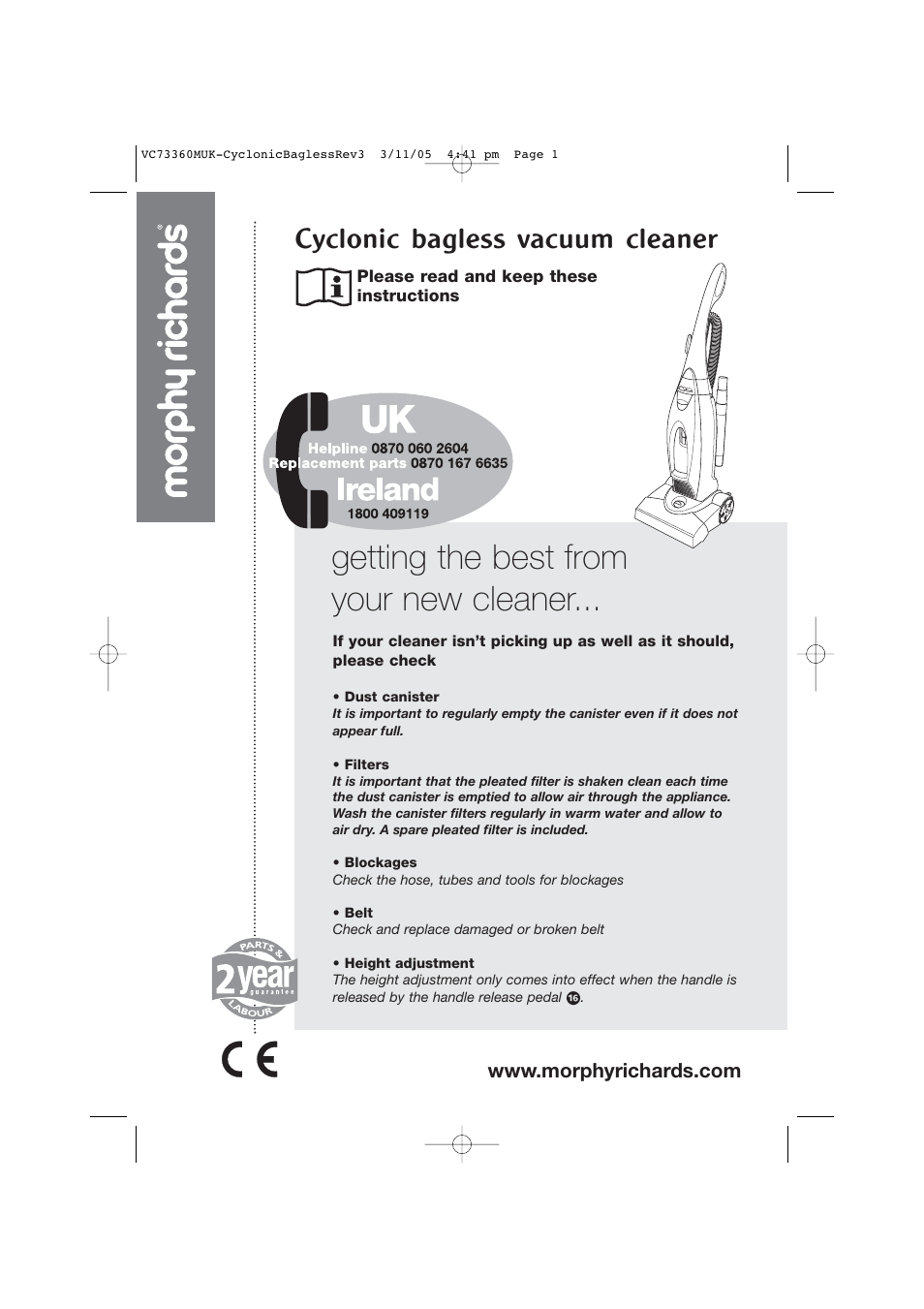 Morphy Richards Bagless Vacuum Cleaner User Manual | 8 pages
