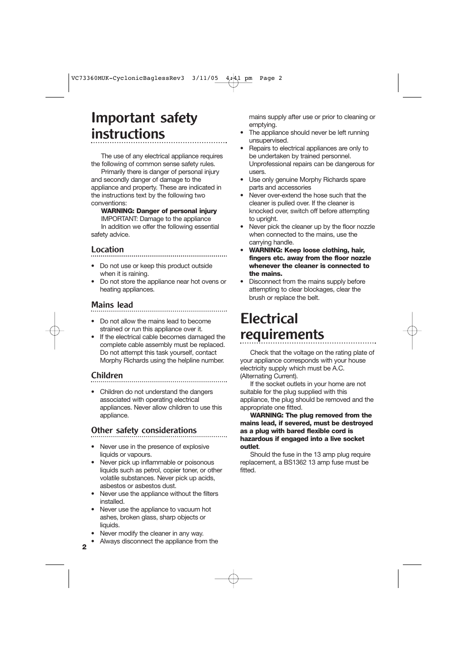 Important safety instructions, Electrical requirements, Location | Mains lead, Children, Other safety considerations | Morphy Richards Bagless Vacuum Cleaner User Manual | Page 2 / 8