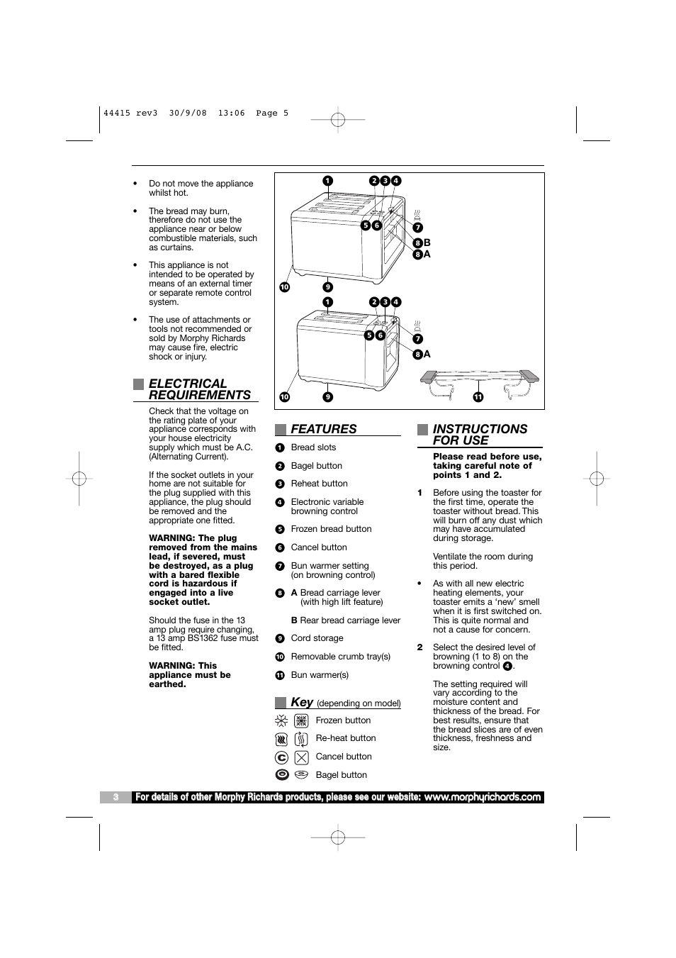 Electrical requirements, Features, Instructions for use | Morphy Richards 2 & 4 Slice Chrome & Stainless Steel Toaster User Manual | Page 3 / 6