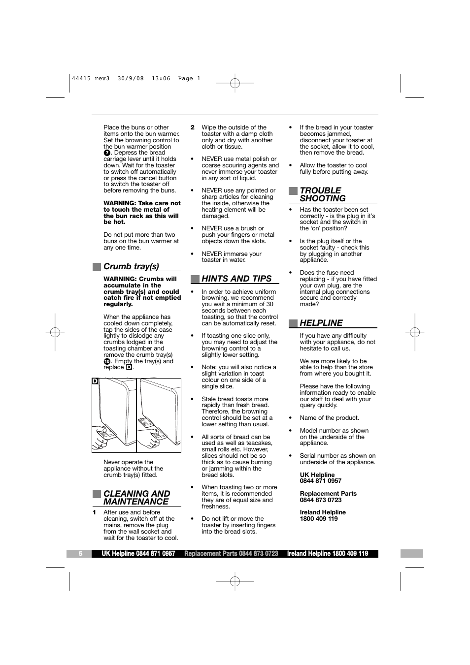 Crumb tray(s), Cleaning and maintenance, Hints and tips | Trouble shooting, Helpline | Morphy Richards 2 & 4 Slice Chrome & Stainless Steel Toaster User Manual | Page 5 / 6