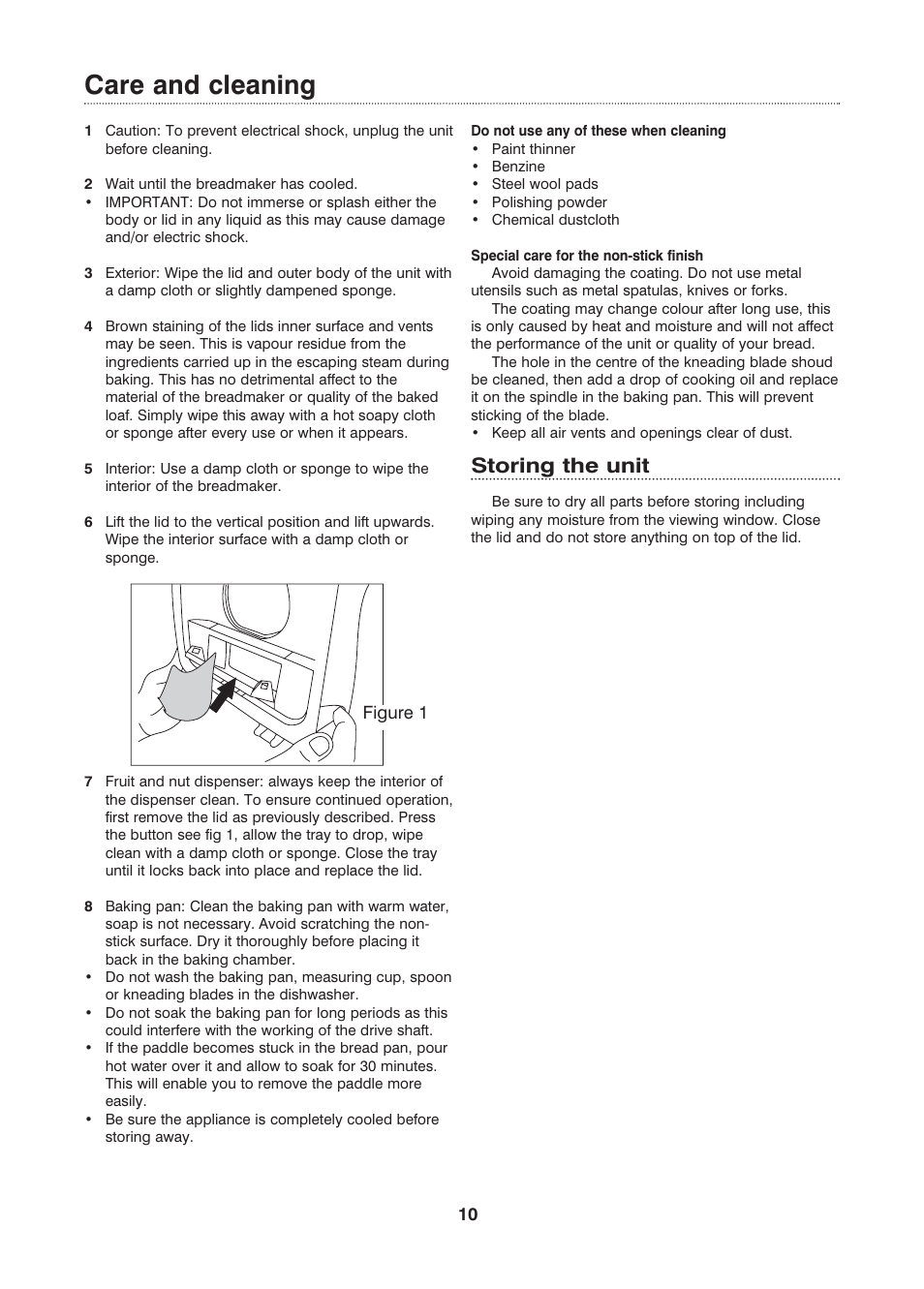 Care and cleaning, Storing the unit | Morphy Richards Fastbake User Manual | Page 10 / 26