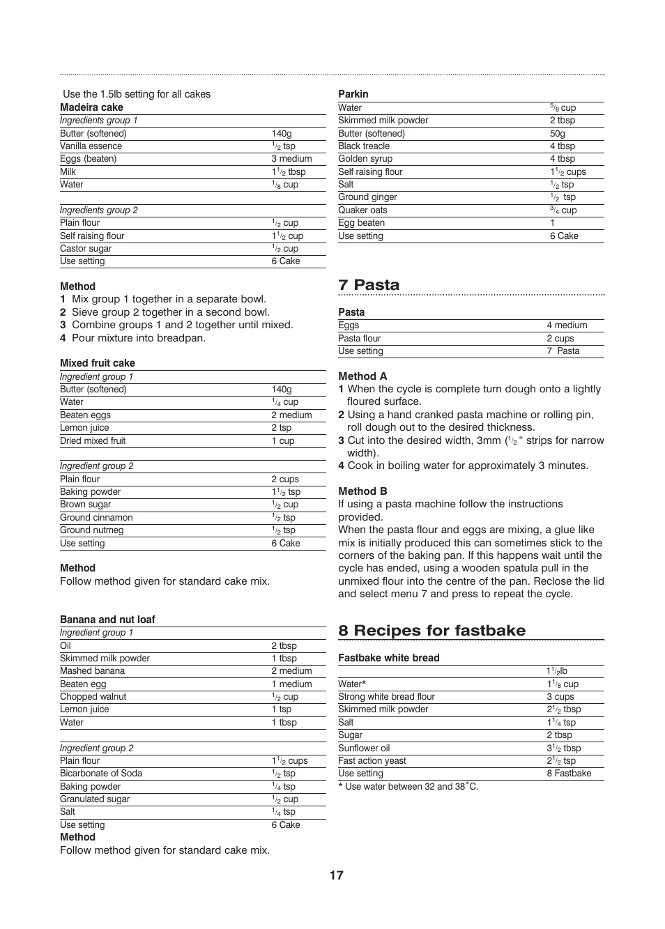 7 pasta, 8 recipes for fastbake | Morphy Richards Fastbake User Manual | Page 17 / 26