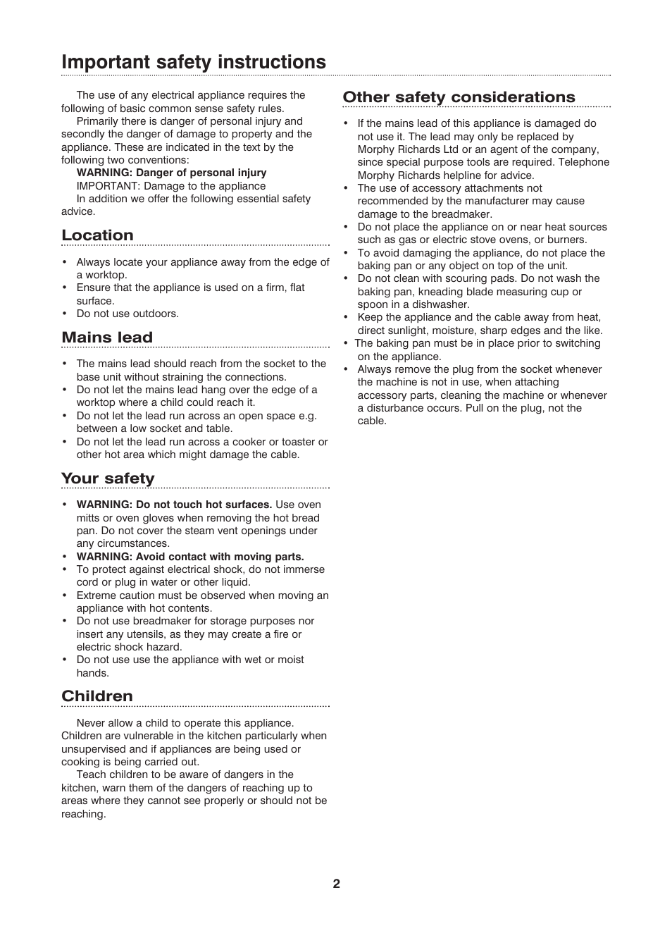 Important safety instructions, Location, Mains lead | Your safety, Children, Other safety considerations | Morphy Richards Fastbake User Manual | Page 2 / 26