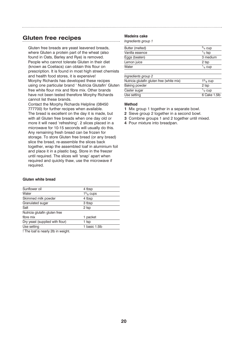 Gluten free recipes | Morphy Richards Fastbake User Manual | Page 20 / 26