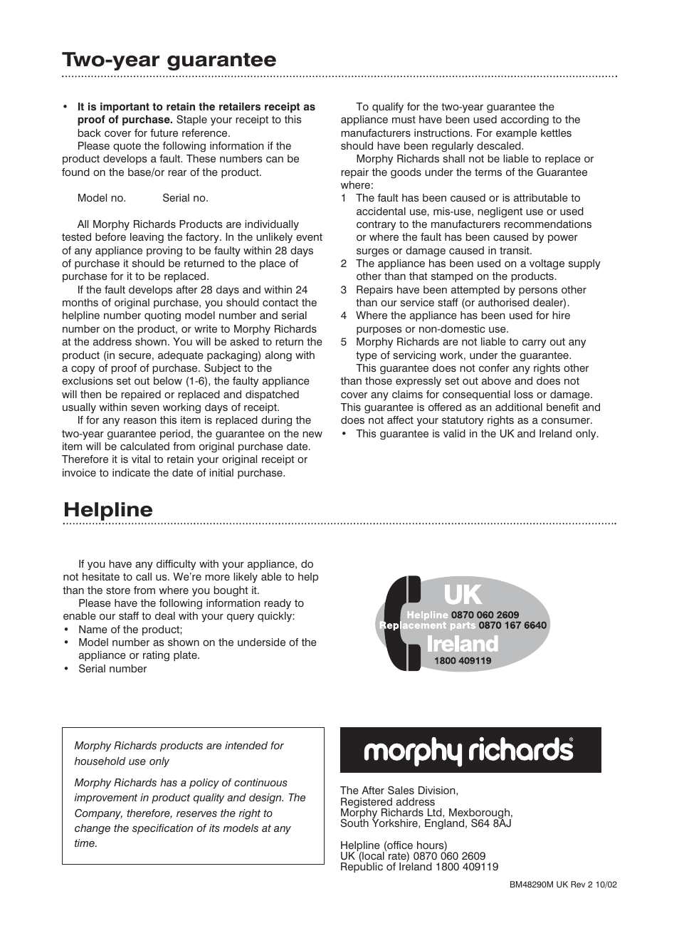 Two-year guarantee, Helpline | Morphy Richards Fastbake User Manual | Page 26 / 26