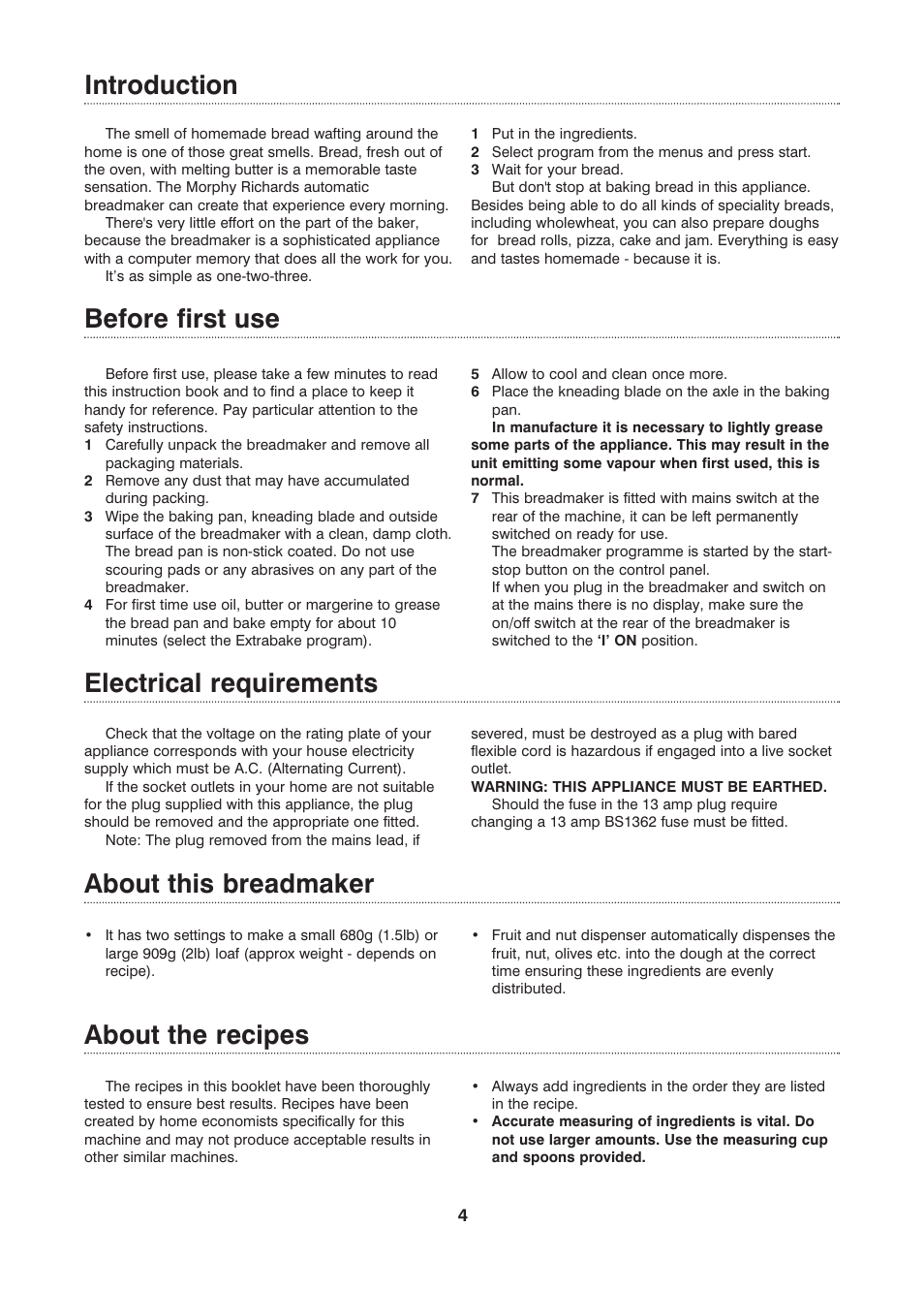 Electrical requirements, About this breadmaker about the recipes, Introduction | Before first use | Morphy Richards Fastbake User Manual | Page 4 / 26