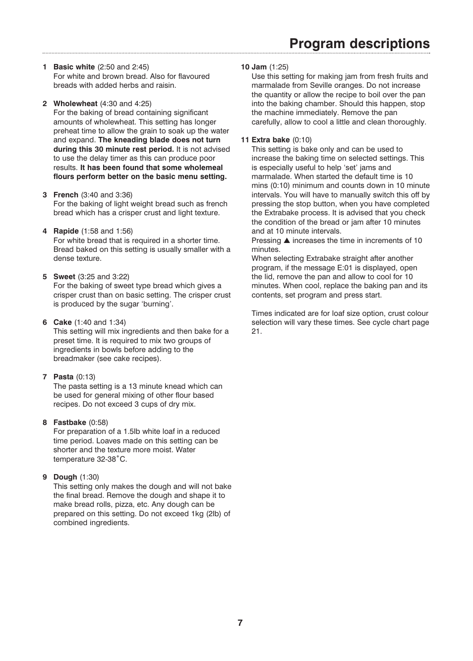 Program descriptions | Morphy Richards Fastbake User Manual | Page 7 / 26