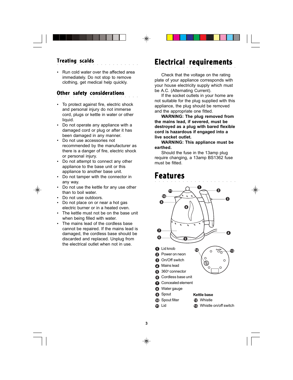 Features, Electrical requirements | Morphy Richards Soprano kettle User Manual | Page 3 / 6