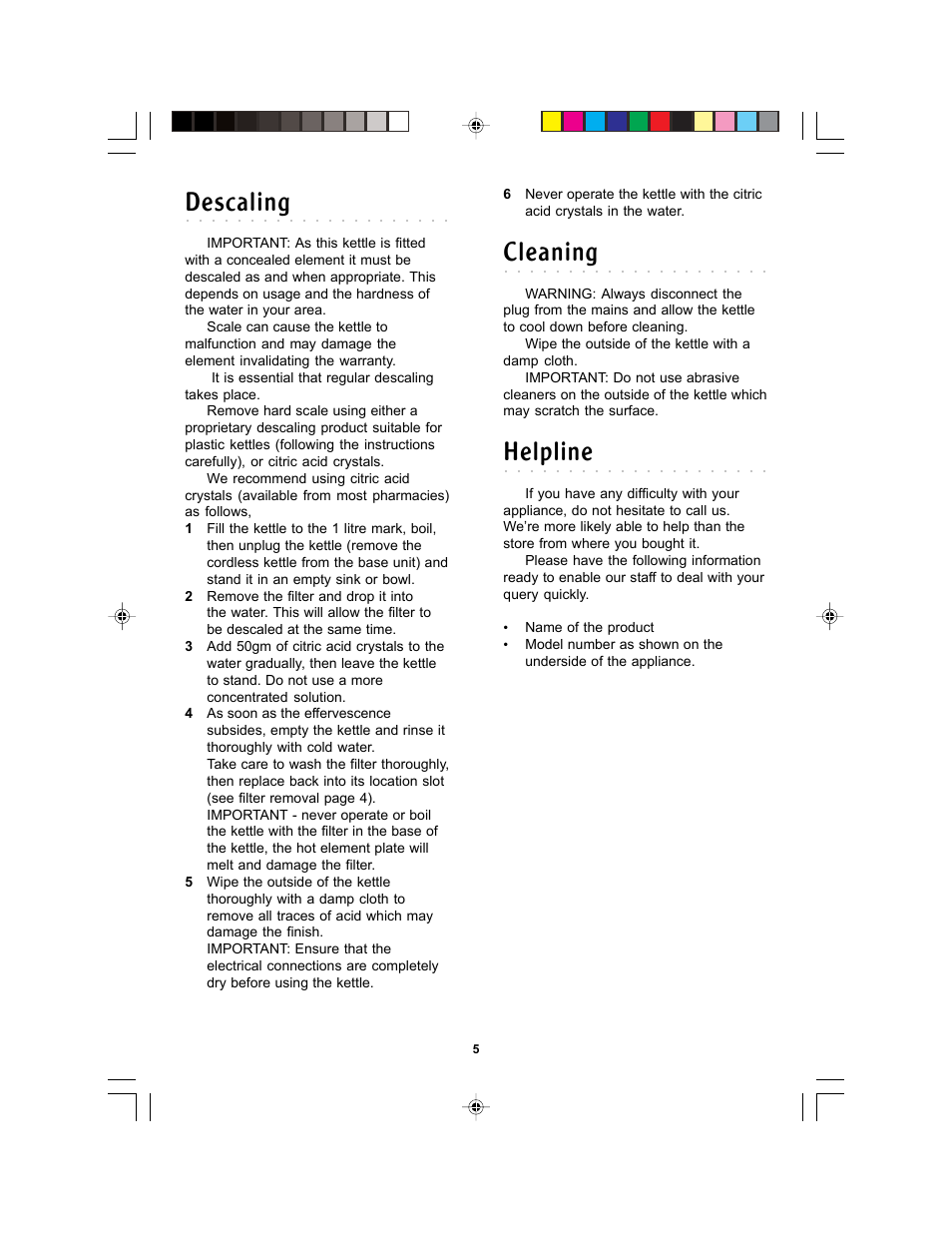 Cleaning, Helpline, Descaling | Morphy Richards Soprano kettle User Manual | Page 5 / 6