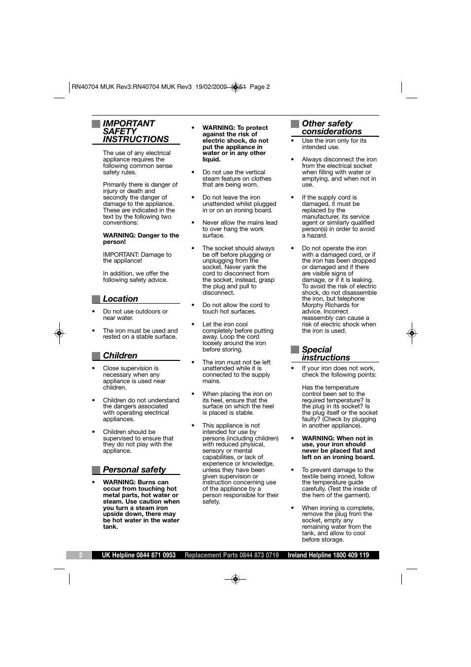 Important safety instructions, Location, Children | Personal safety, Other safety considerations, Special instructions | Morphy Richards 40734 User Manual | Page 2 / 8