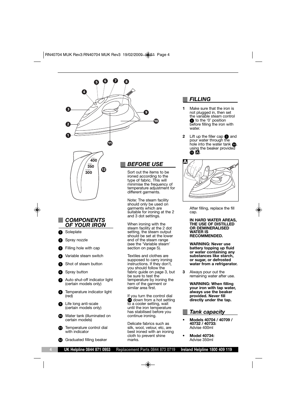 Components of your iron, Before use, Filling | Tank capacity | Morphy Richards 40734 User Manual | Page 4 / 8