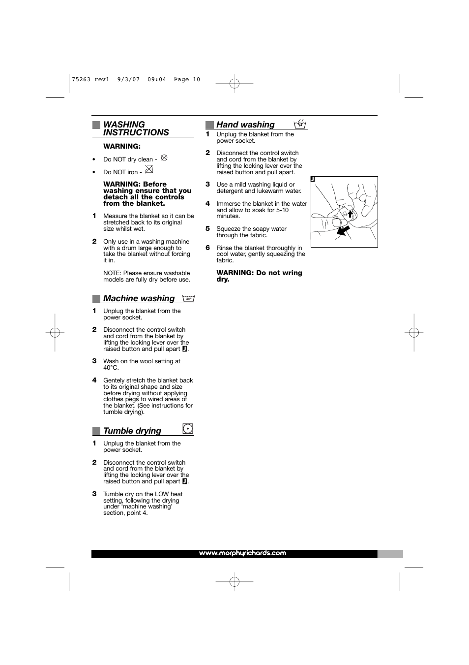 Washing instructions, Machine washing, Tumble drying | Hand washing | Morphy Richards 75263 User Manual | Page 10 / 12