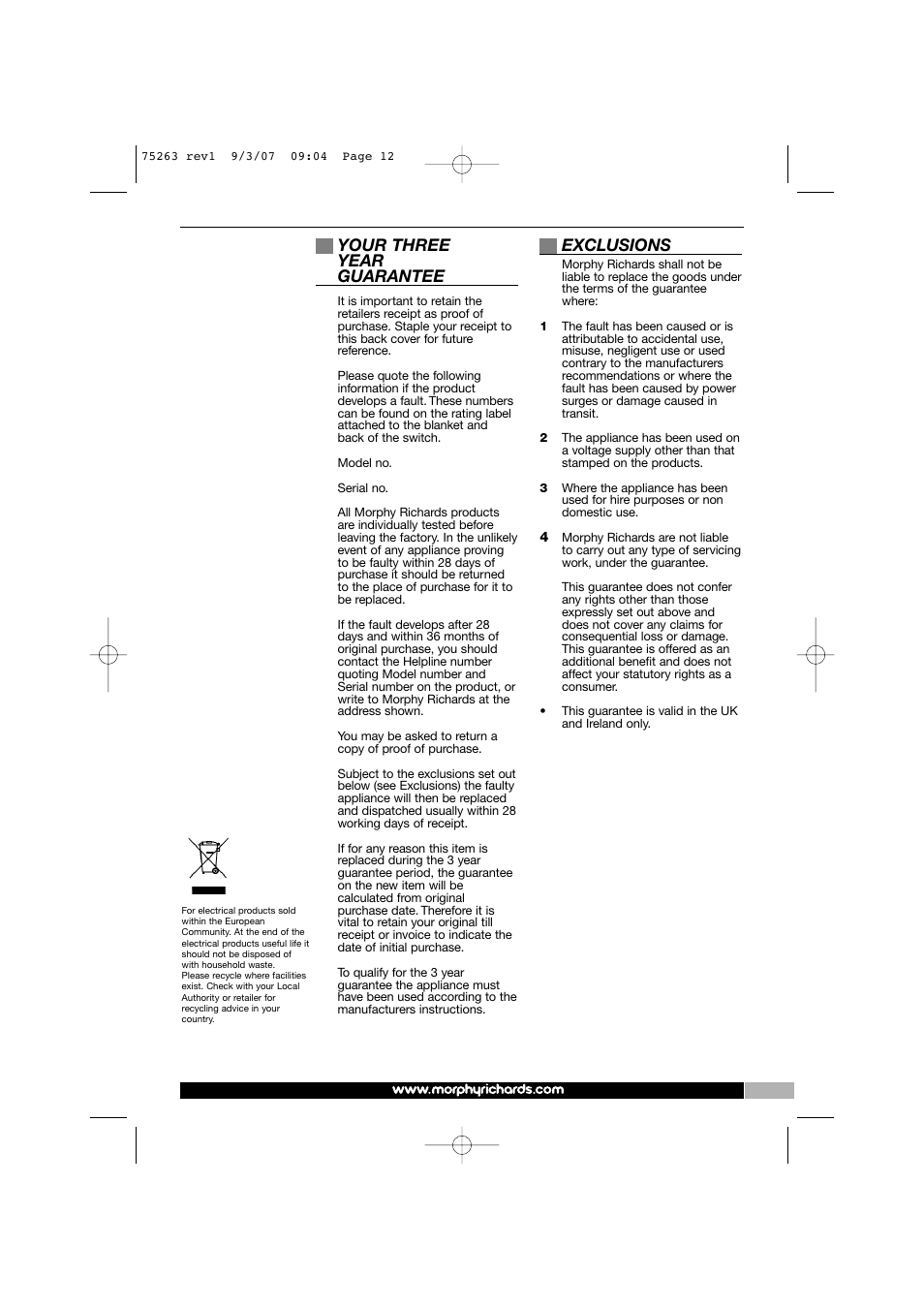 Your three year guarantee, Exclusions | Morphy Richards 75263 User Manual | Page 12 / 12
