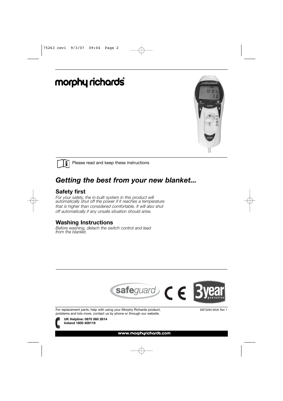 Polar fleece heated bedding, Getting the best from your new blanket, Safety first | Washing instructions | Morphy Richards 75263 User Manual | Page 2 / 12