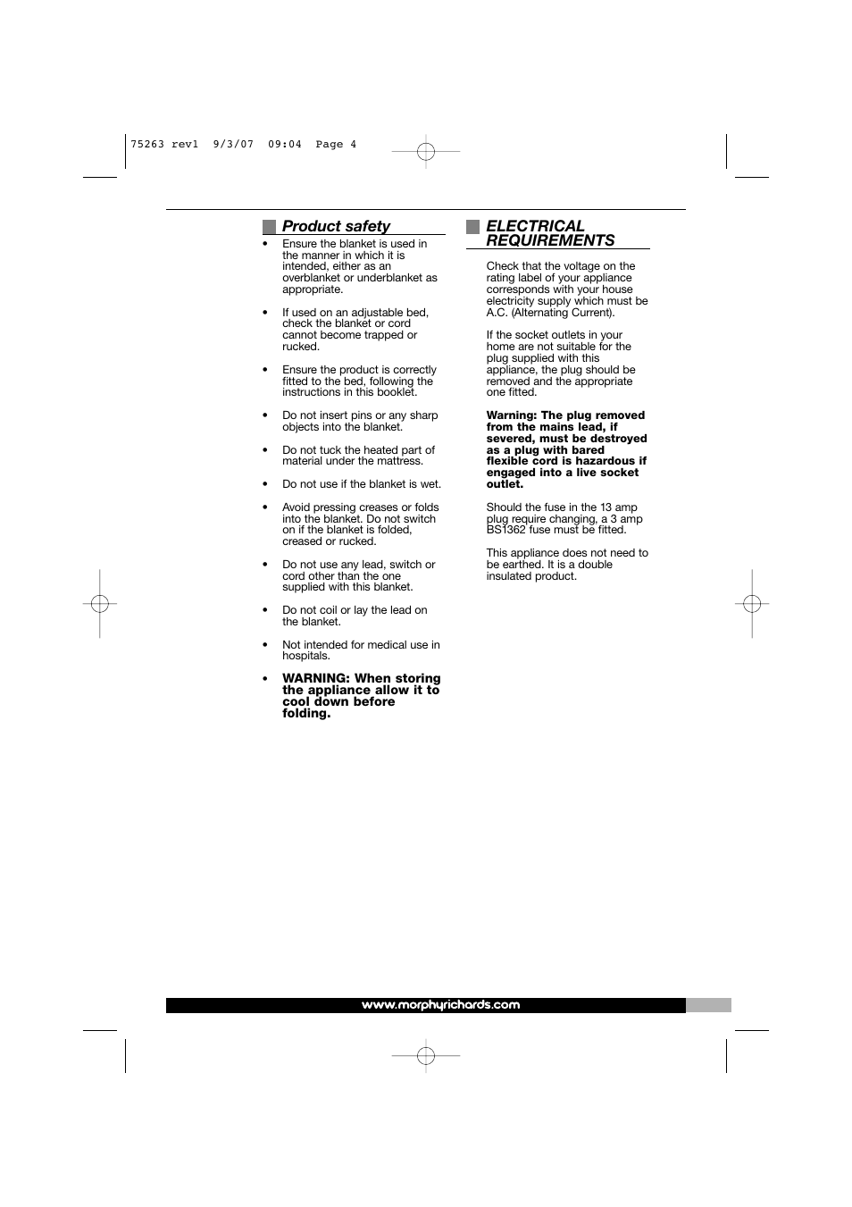 Product safety, Electrical requirements | Morphy Richards 75263 User Manual | Page 4 / 12