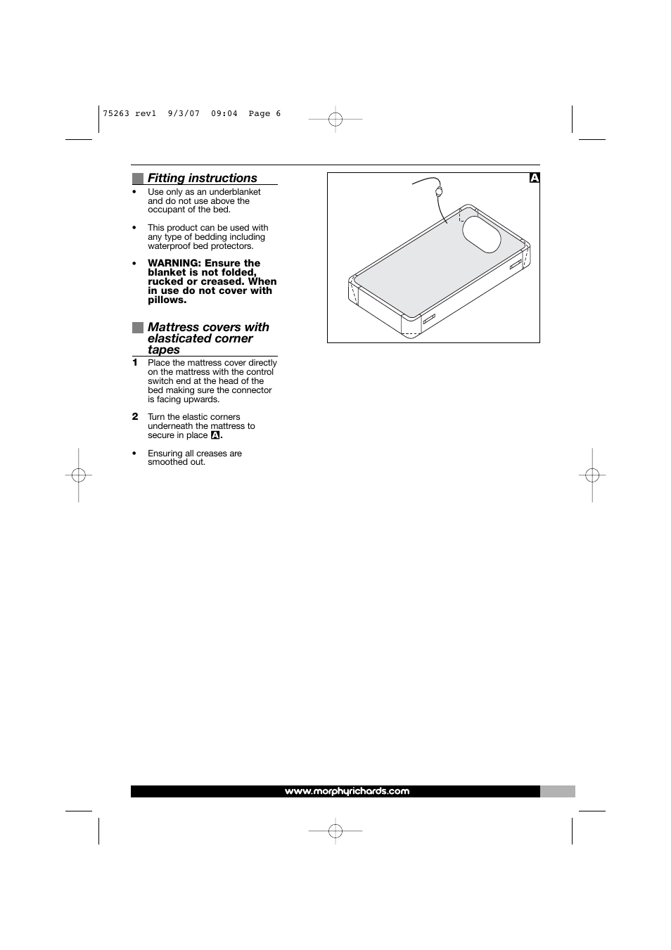 Fitting instructions, Mattress covers with elasticated corner tapes | Morphy Richards 75263 User Manual | Page 6 / 12