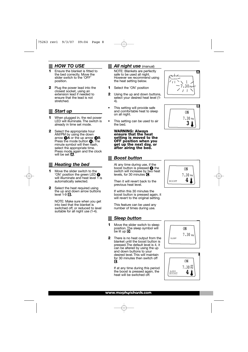 How to use, Start up, Heating the bed | All night use, Boost button, Sleep button | Morphy Richards 75263 User Manual | Page 8 / 12