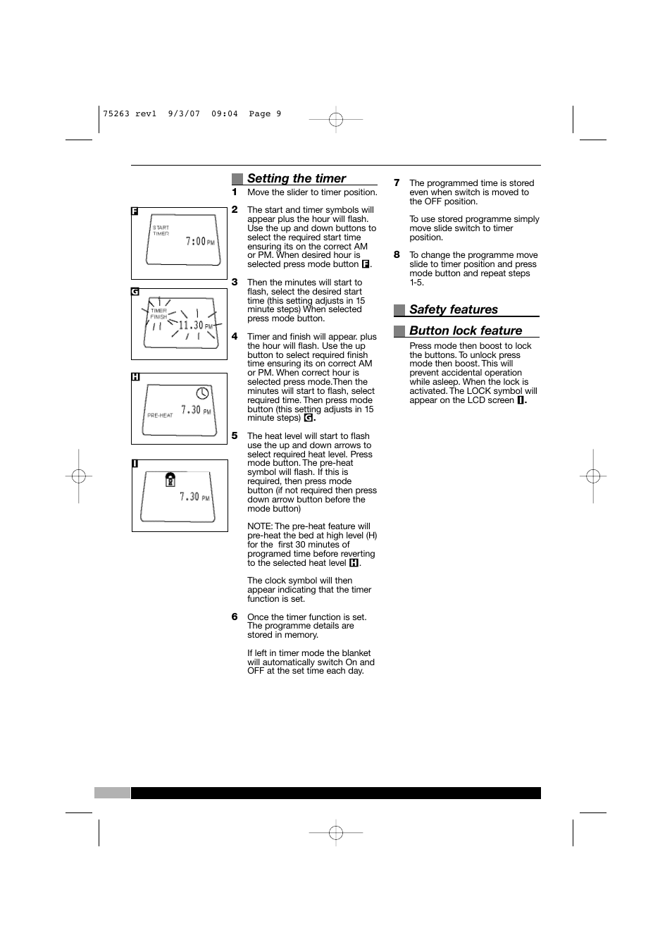 Setting the timer, Safety features button lock feature | Morphy Richards 75263 User Manual | Page 9 / 12