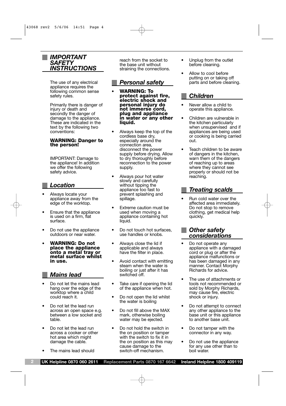 Important safety instructions, Location, Mains lead | Personal safety, Children, Treating scalds, Other safety considerations | Morphy Richards Hot Beverage Maker User Manual | Page 4 / 6